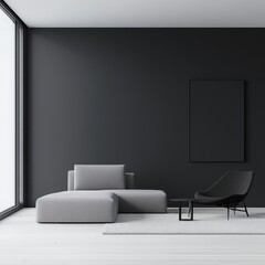 Minimalist interior with gray sofa, black chair, and blank frame on dark wall.