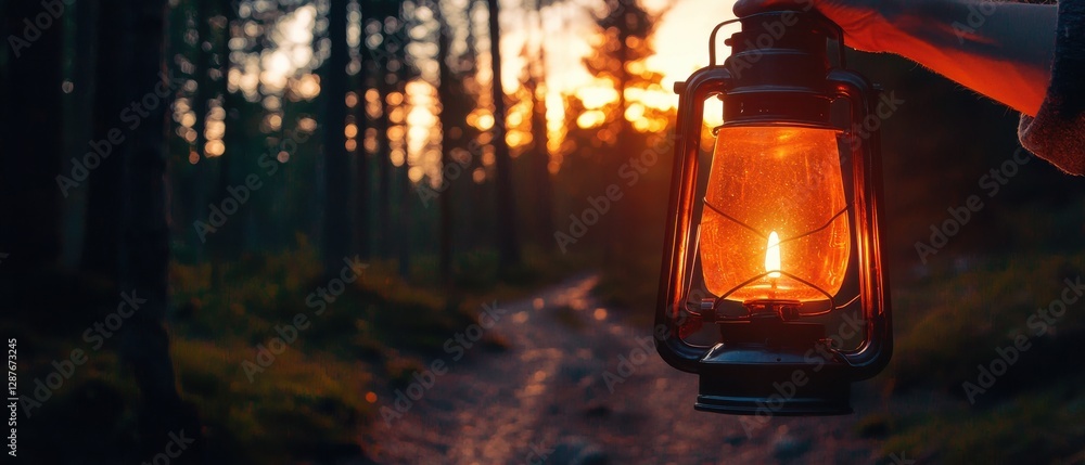 Poster a rustic lantern illuminates a forest path at sunset, casting a warm glow amidst towering trees and 
