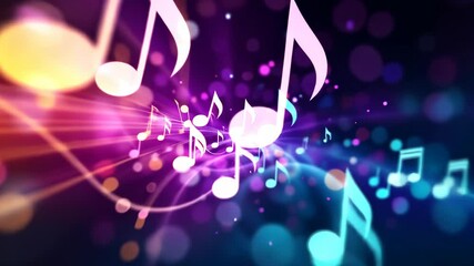 Vibrant musical notes dance in colorful abstract motion with dynamic lights and energy
