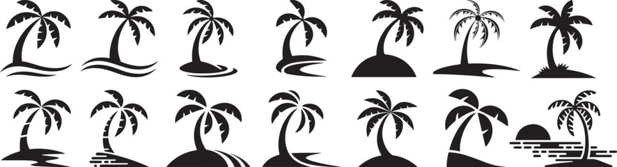 palm tree silhouette vector icon, Minimalist Silhouette of Tropical Island with Palm Tree