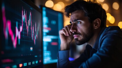 US import tariffs rising, a businessman analyzing a digital stock chart, declining profits, worried expression, professional office, realistic lighting,