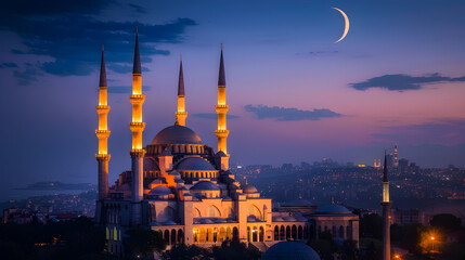 Obraz premium Majestic Twilight View of an Illuminated Mosque with Crescent Moon