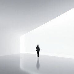 Man in a minimalist, bright white architectural space.