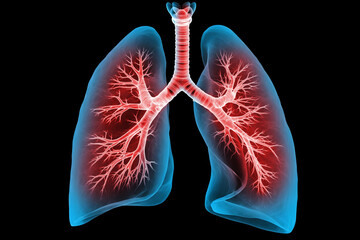 Human lungs x-ray illustration shows respiratory system anatomy. Detailed view of lung structure highlights healthy breathing process. Abstract graphic image promotes health, respiratory system
