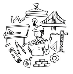Set of Architect Equipment Doodles hand drawn sketch