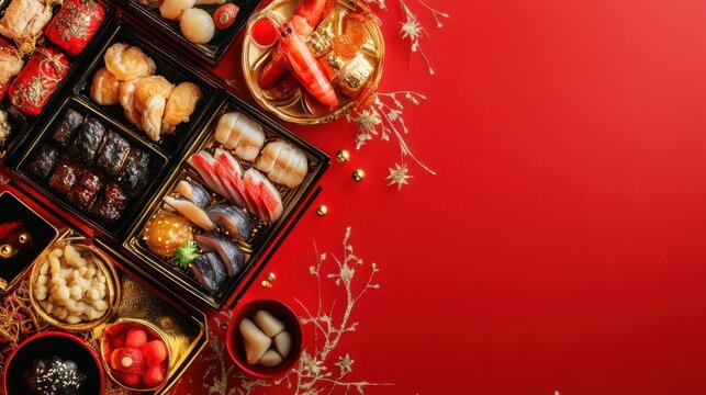 Artistic presentation of osechi dishes with space for text, featuring golden and red decorative accents.