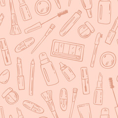 Pattern with Hand-drawn cosmetics. Seamless texture with line illustrations of beauty products. Vector doodle design elements on beige background