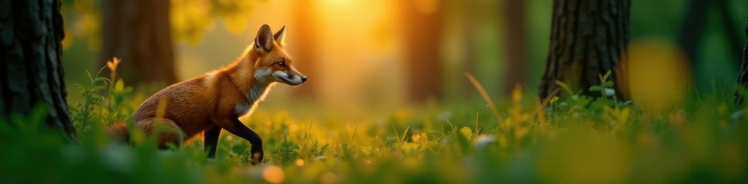 Fuchs in einem gr?nen Wald, bei Sonnenuntergang, abend, wilde natur, wandervogel