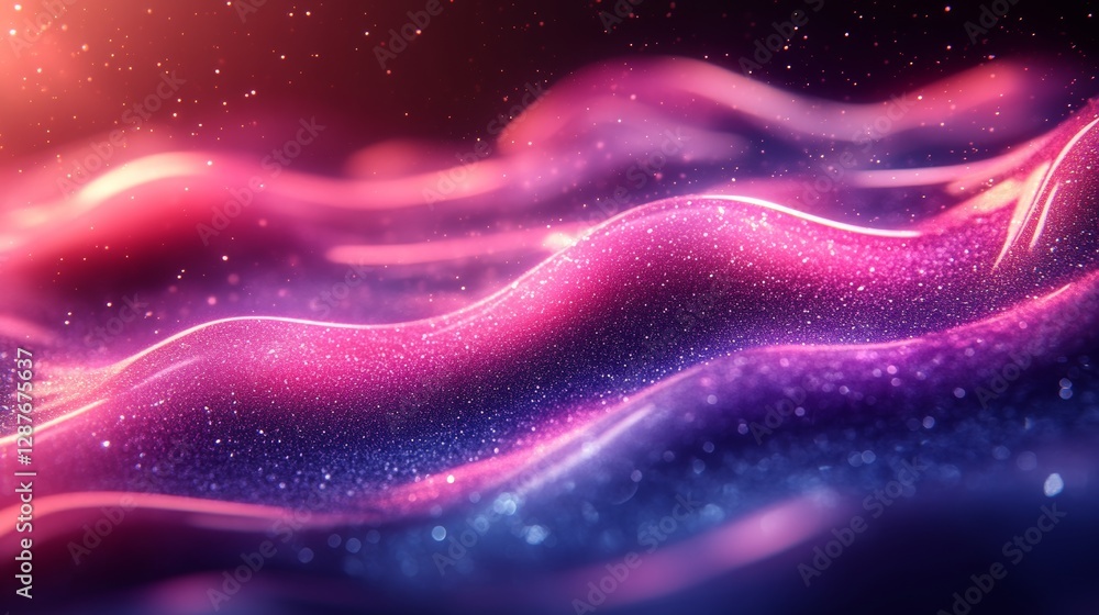 Poster glowing pink and purple waves with sparkling particles in a dreamy atmosphere, abstract digital art.