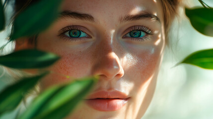 A close-up portrait of a young woman with striking  eyes, framed by green olive leaves, cosmetics advertising, naturalness