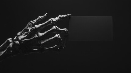 Artistic shot of a skeleton hand delicately holding a blank black card, ominous atmosphere, high contrast.