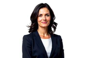 Professional portrait of smiling businesswoman in black blazer isolated on transparent background. Ideal for corporate headshots, business profiles, and leadership pages.