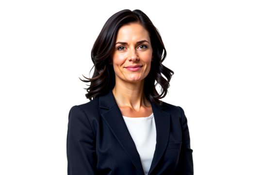 Professional portrait of smiling businesswoman in black blazer isolated on transparent background. Ideal for corporate headshots, business profiles, and leadership pages.