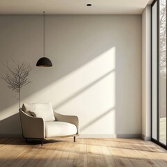 Minimalist interior with armchair, bare branches, and natural light.