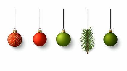 Red And Green Christmas Ornaments Hanging On White Background