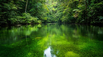 Tranquil Green River in Lush Tropical Rainforest