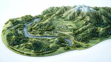 Aerial View of Lush Green Valley with Winding River and Mountains