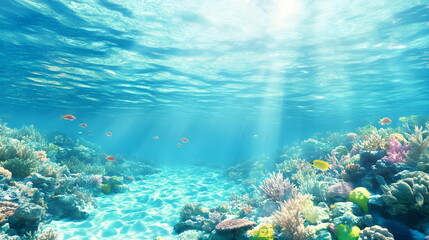 Obraz premium Photorealistic Scene of a Clear Ocean on a Bright Day – A Vibrant Coral Reef with Colorful Fish Swimming, Soft Turquoise Water, a Pale Blue Sky with Faint Clouds, and Crisp Details in Light Pastel Ton
