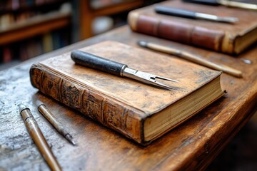 Antique Leather Bound Book With Metal Tool On Wooden Table