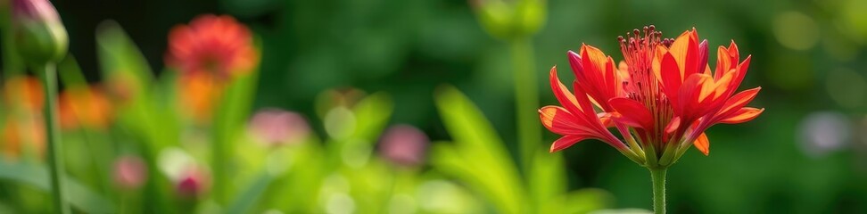 Lycoris radiata in a garden with other plants, Blooming, Plant