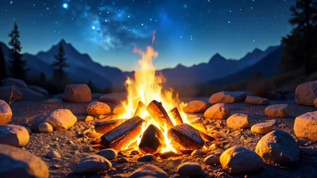 Campfire under Starry Night Sky Mountain Scene Video