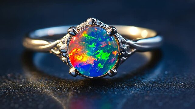 Sparkling opal ring with silver filigree, a colorful gemstone with radiant blue and green.