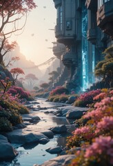 Serene Futuristic Cityscape Tranquil Stream Flows Past Modern Buildings and Blossoming Pink Flowers at Dawn