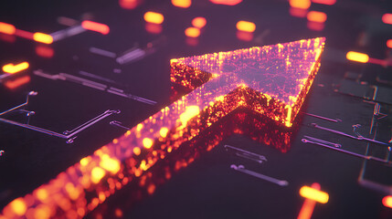 Fototapeta premium Glowing Orange Arrow Rising Above Circuit Board Representing Technological Growth