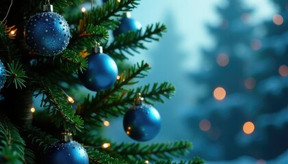 Obraz premium Majestic fir tree with clusters of bright blue glass ornaments suspended from its branches under twinkling string lights and soft glow, large fir tree, abstract background