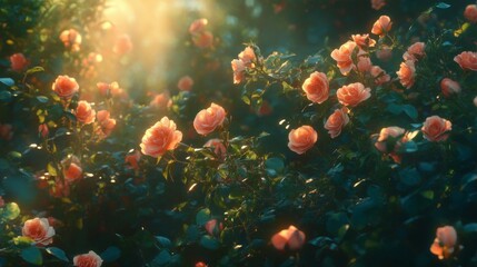Fototapeta premium 44.A vibrant garden scene showcasing clusters of miniature peach roses in full bloom, their petals glowing under soft natural light, surrounded by lush green foliage.