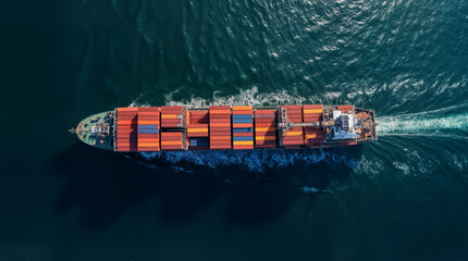 Cargo Ship at Sea, Aerial View of Global Shipping and Logistics, A ship Top View at Sea.