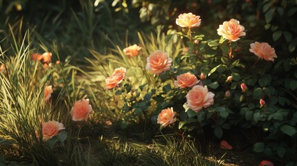 47.A serene garden setting featuring clusters of peach miniature roses growing amidst a backdrop of vibrant grass and sunlight-dappled soil.