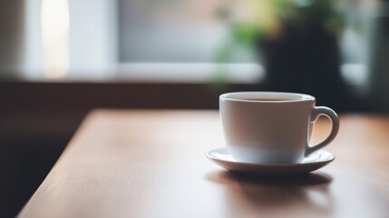 Fototapeta premium Coffee cup on a wooden table near a window
