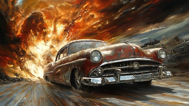 Fototapeta Rusty Car, Fiery Sky, Desolate Road, Epic Speed