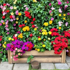 A lush green and colorful garden box overflow with blooming flowers, pots, flowering plants