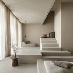 Obraz premium Minimalist interior with stairs, couch, and wooden table