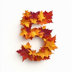 Fototapeta premium Number 5 made of layered autumn leaves in shades of orange, red, and yellow isolated on a clean white background