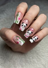 Adorable Panda Nail Art Design with Bamboo and Cherry Blossoms