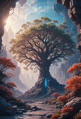 Fototapeta premium Futuristic Cityscape with Ancient Tree Digital Art Fantasy Landscape Illustration