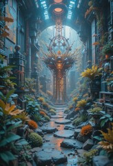 Obraz premium Futuristic Garden Path Cyberpunk Cityscape with Lush Greenery and Ornate Steampunk Structure