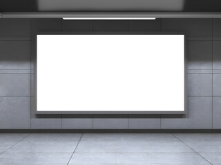 Blank digital billboard mockup in train station platform. Modern design. Empty space for advertisement. Suitable for marketing presentations retail ads. Horizontal outdoor advertising media display