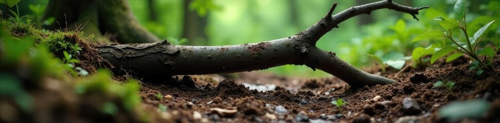 Broken branch submerged in the forest soil with roots of surrounding trees, soil, branches