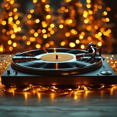 Turntable spins vinyl record, warm light backdrop, ideal holiday, lifestyle use