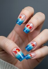 Goldfish Nail Art Design with Blue Gradient and Glitter