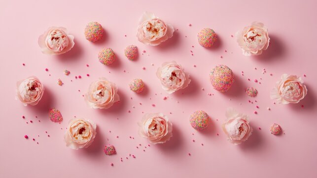 60.A creative layout of soft pink peony roses interspersed with scattered sprinkles in varying sizes, arranged harmoniously on a smooth pastel pink background with blank space.