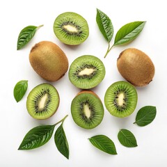 Fototapeta premium Juicy kiwi slices and vibrant green leaves, perfectly isolated on white.