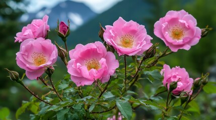Fototapeta premium 62.A vibrant close-up of pink prickly rose blossoms growing on thorny stems, framed by lush green foliage, with the majestic Chugach Mountains in the background under a bright summer sky.