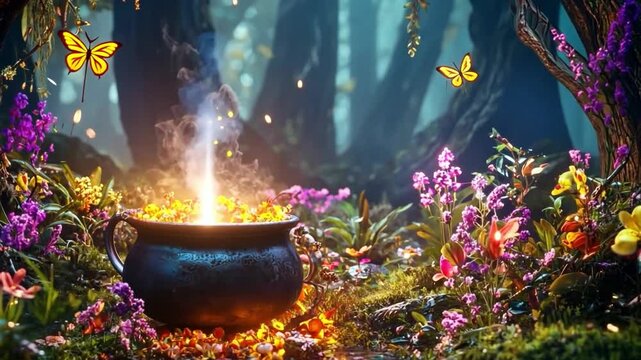 Explore a beautiful forest filled with vibrant flowers and mystical light. A bubbling cauldron suggests magic and adventure. Ideal for fantasy and storytelling. Generative AI