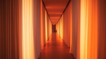 A long hallway lined with white curtains, with an orange light coming through the curtains, creating a cinematic atmosphere.