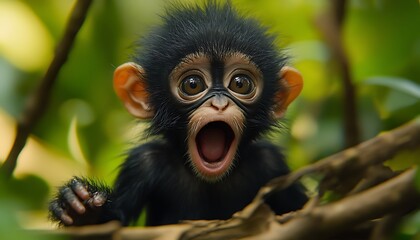 Obraz premium Baby chimp surprise in jungle canopy